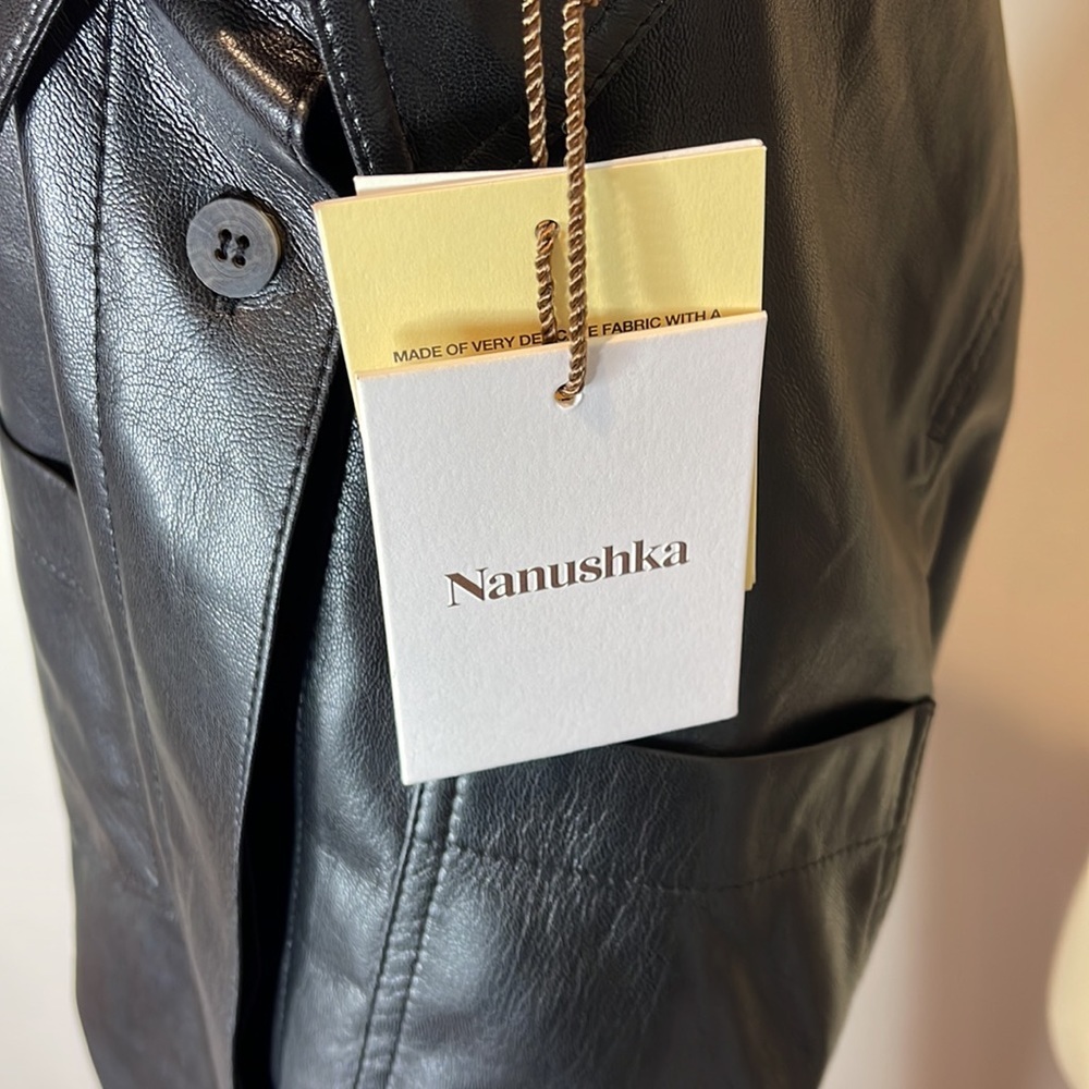NANUSHKA “Berto” Vegan‎ Leather Collared Button-down Shirtdress in Black - Picture 14 of 15